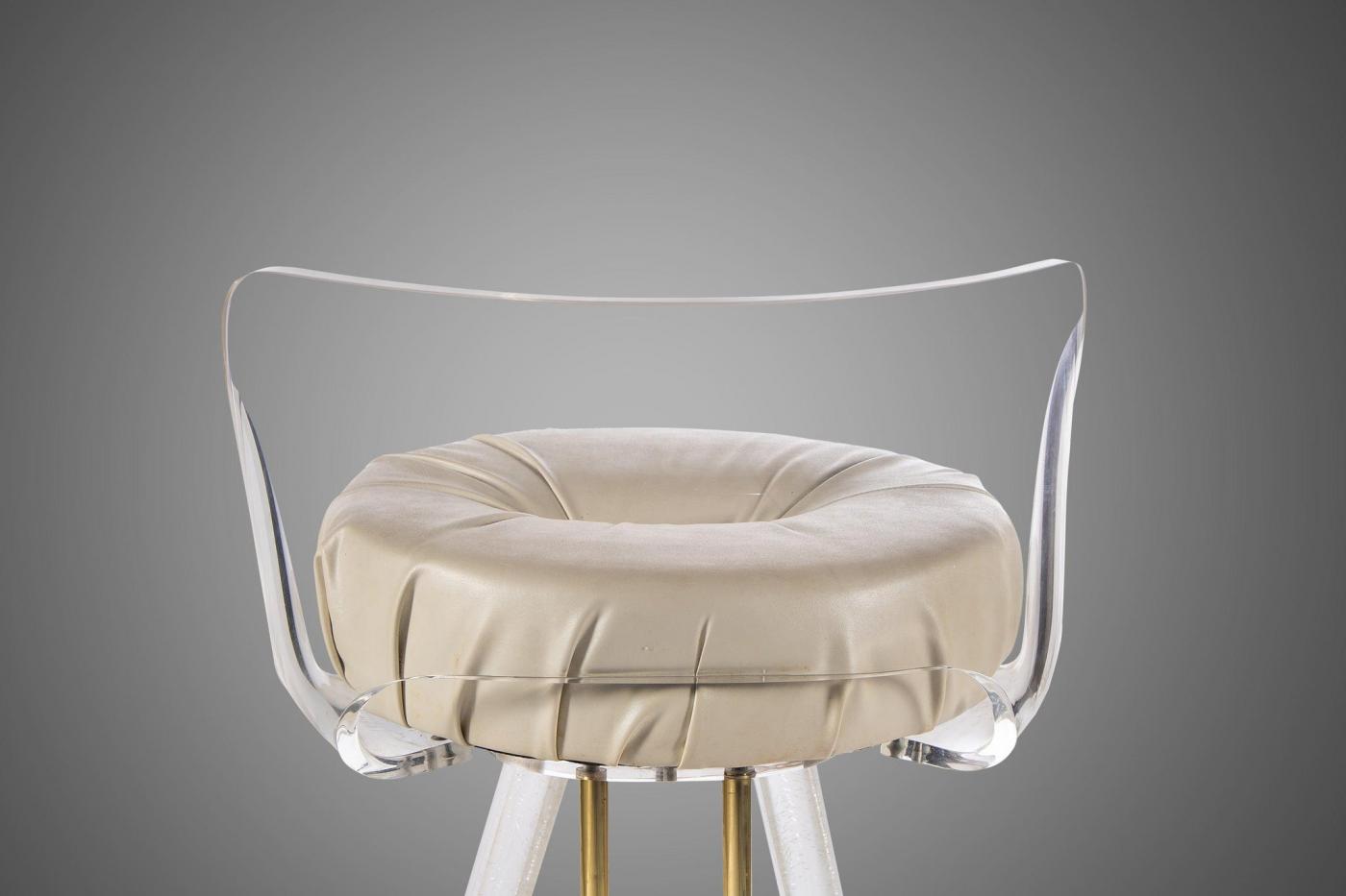 Hollywood Regency Bar Stool / Drafting Stool in Lucite and Brass