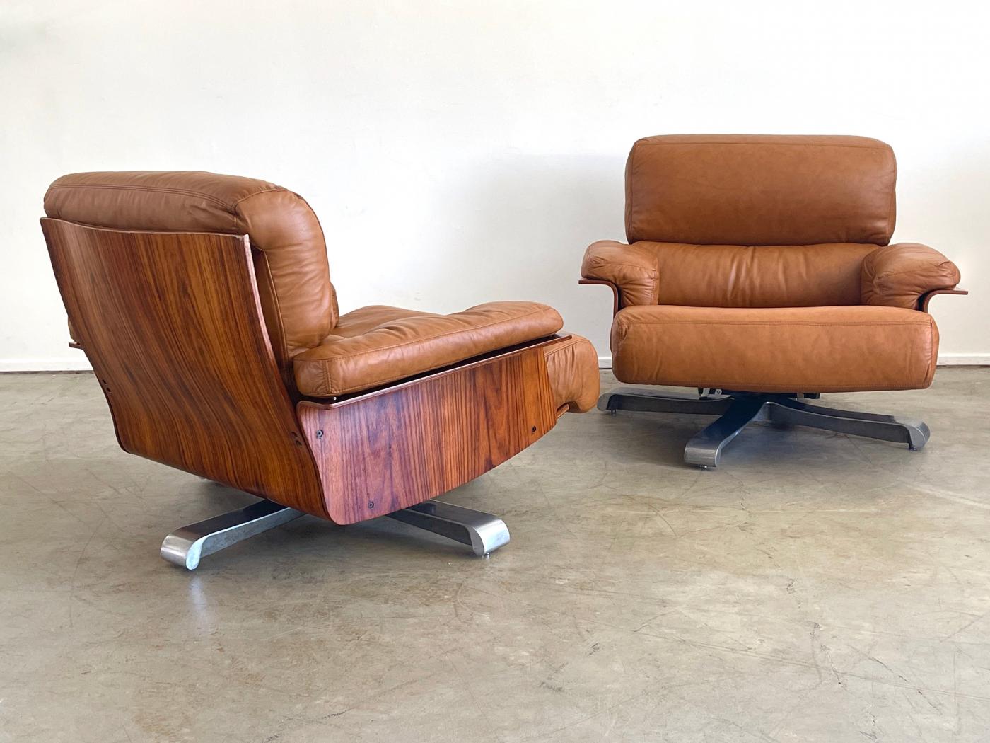 ITALIAN ROSEWOOD & LEATHER SWIVEL CHAIRS