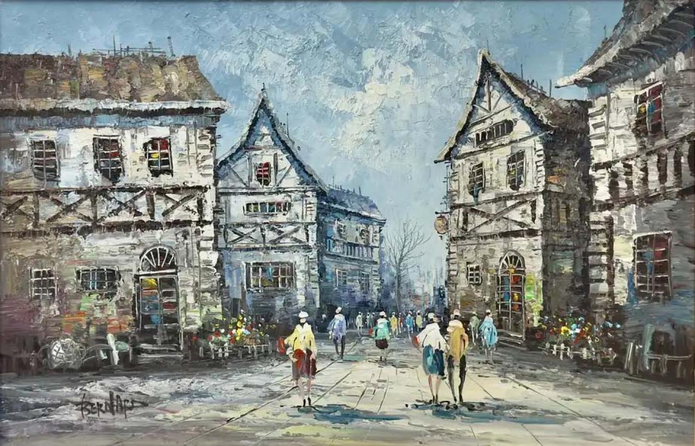 Vntage cheapest Mid Century Framed Watercolor Of European Street Scene Framed