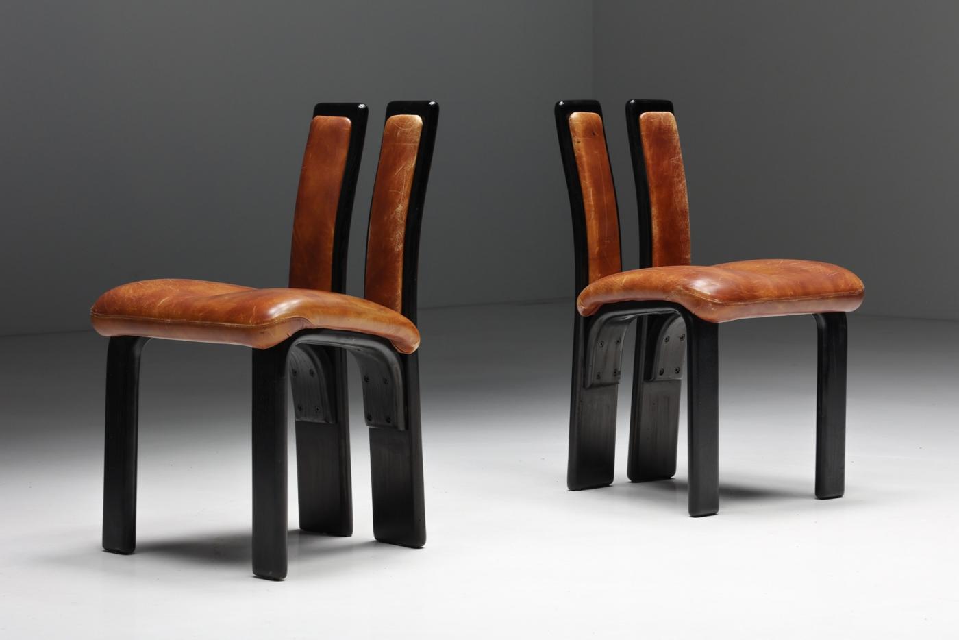 Italian Cognac Leather Dining Chairs - 1980's