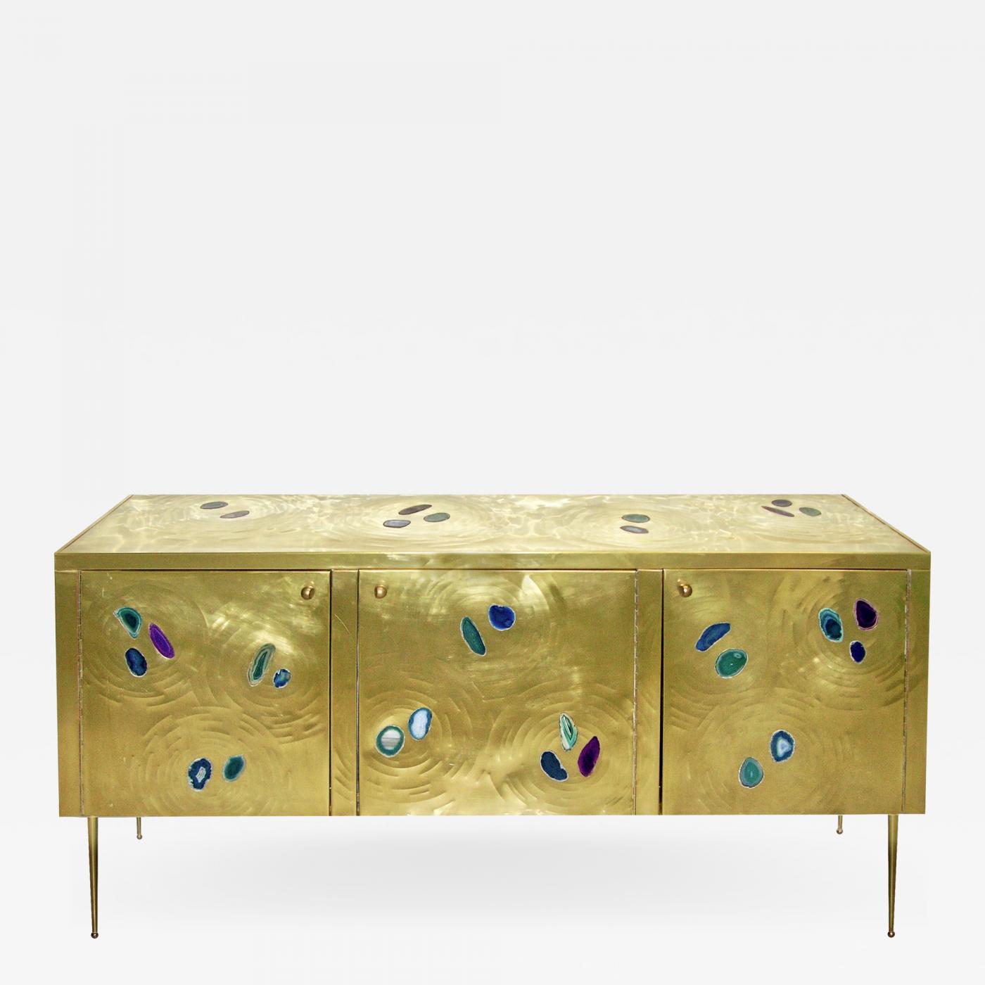 Italian Contemporary Fine Design Brass Cabinet with Blue Green