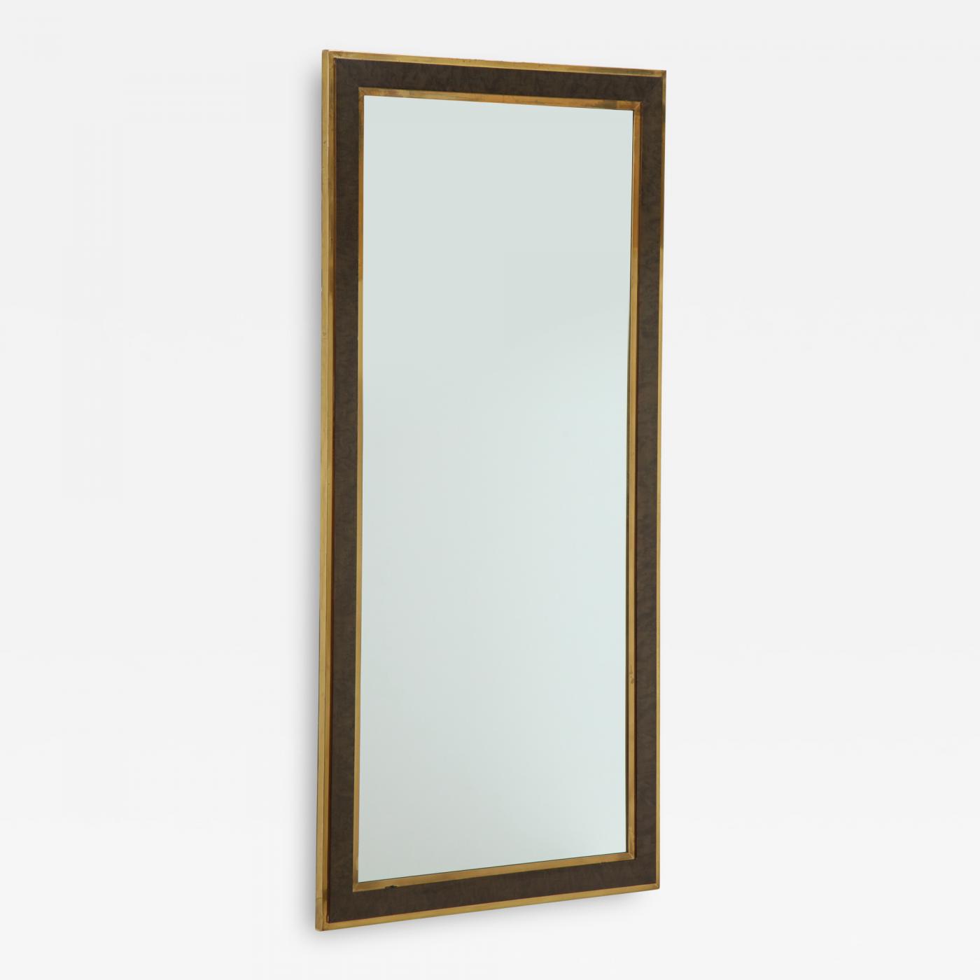 Italian Mid Century Modern Brass And Burl Wood Framed Mirror