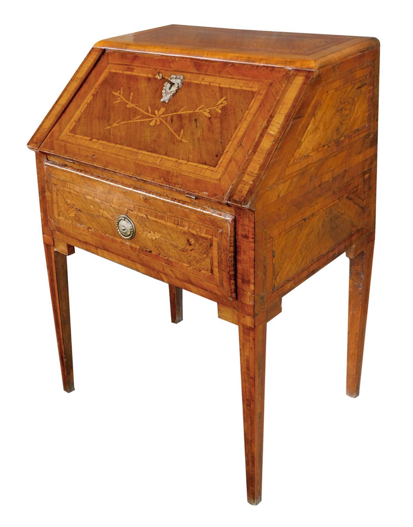 Italian neoclassical style marquetry inlaid fruitwood dropfront desk