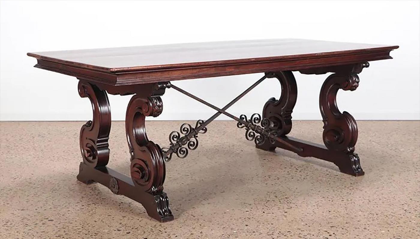 Jacobean Carved Mahogany Trestle / Dining Table, Center Table, Iron ...