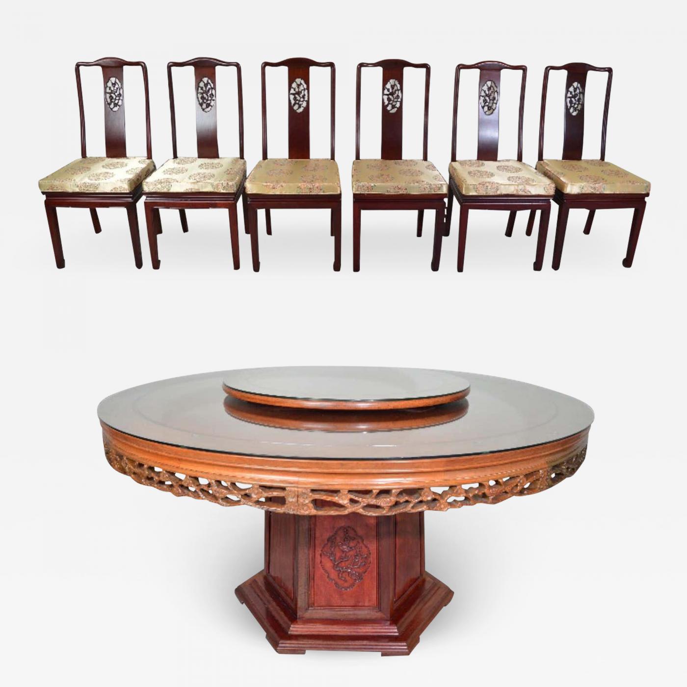 James Mont Ming Style Traditional Chinese 8 Piece Honey Rosewood Dining Set Hand Carved Piece Honey Rosewood Dining Set Hand Carved, Chinese Rosewood Flower Carving Round Dining Table Set