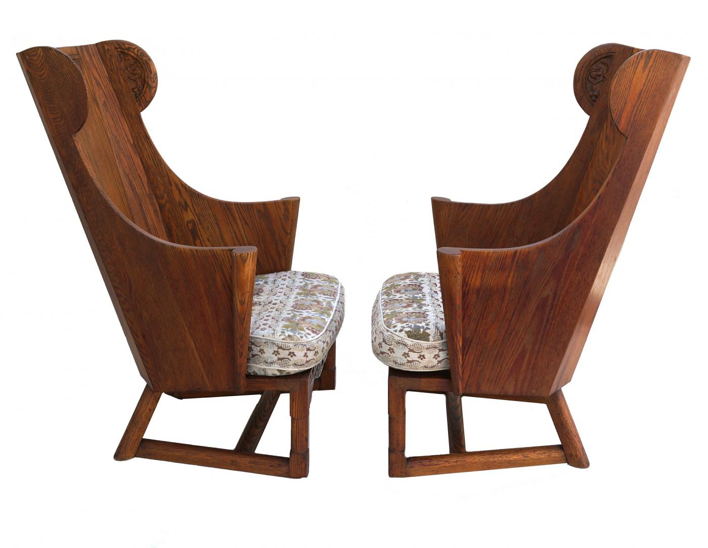 Jamestown Lounge Co. - Antique Pair of Carved Oak Lounge Wingback