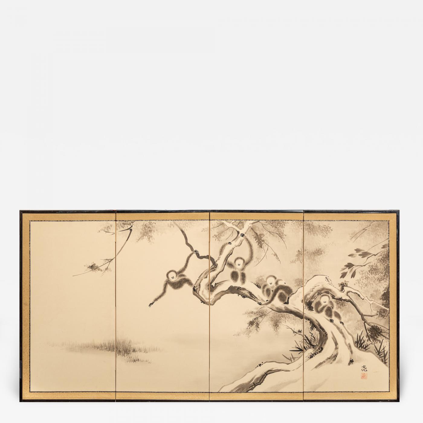 Japanese Four Panel Screen: Ink landscape Painting - Naga Antiques