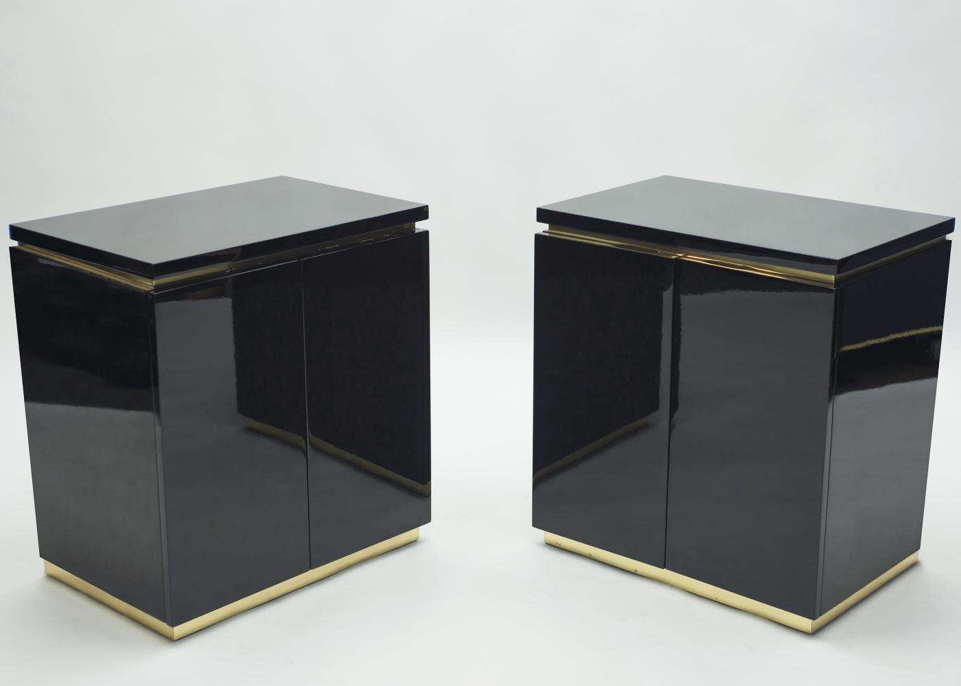 Jean Claude Mahey Pair of small black lacquer night stands