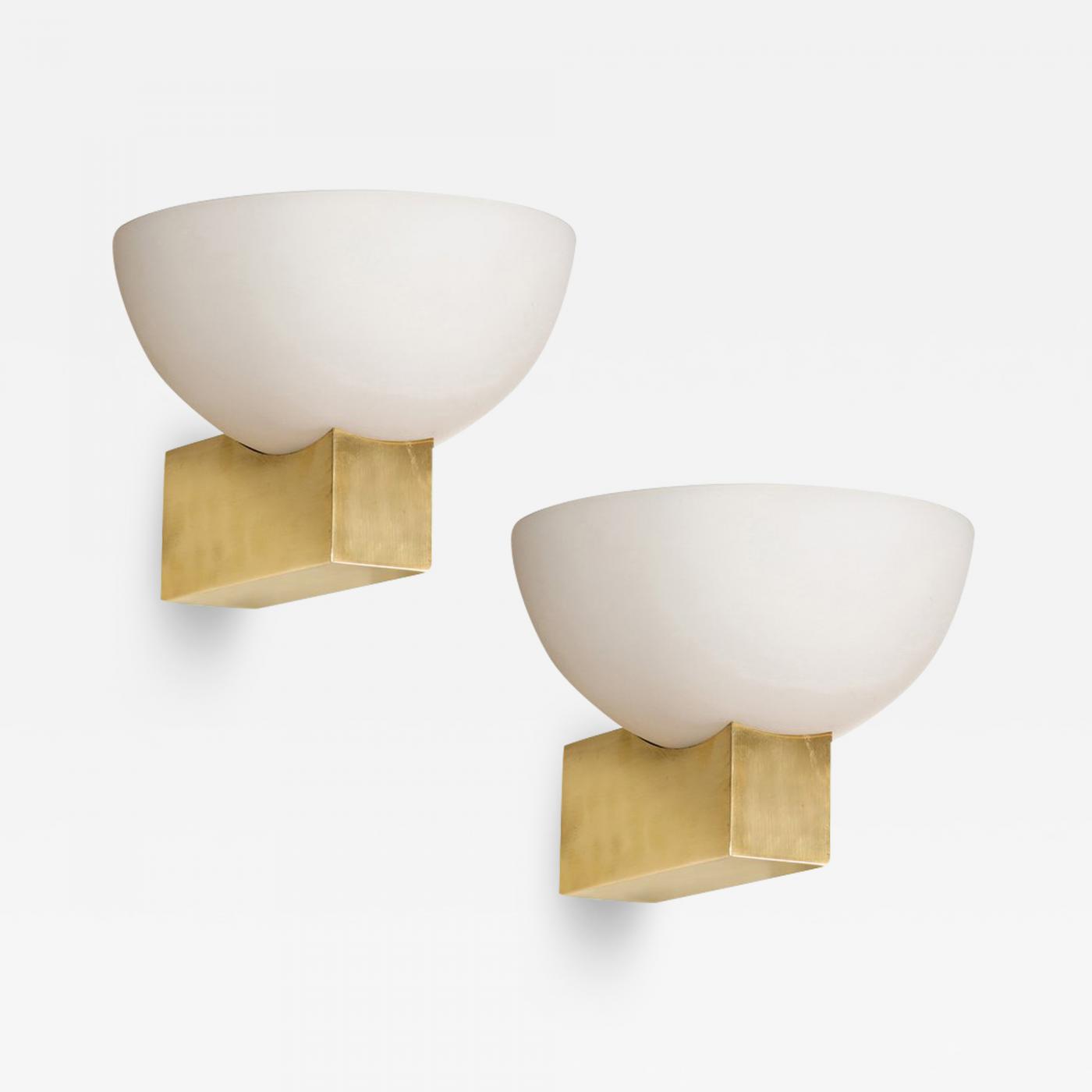 Pair of Brass & Opaline Glass Sconces by Jean Perzel Pair of Brass & Opaline Glass Sconces by Jean Perzel