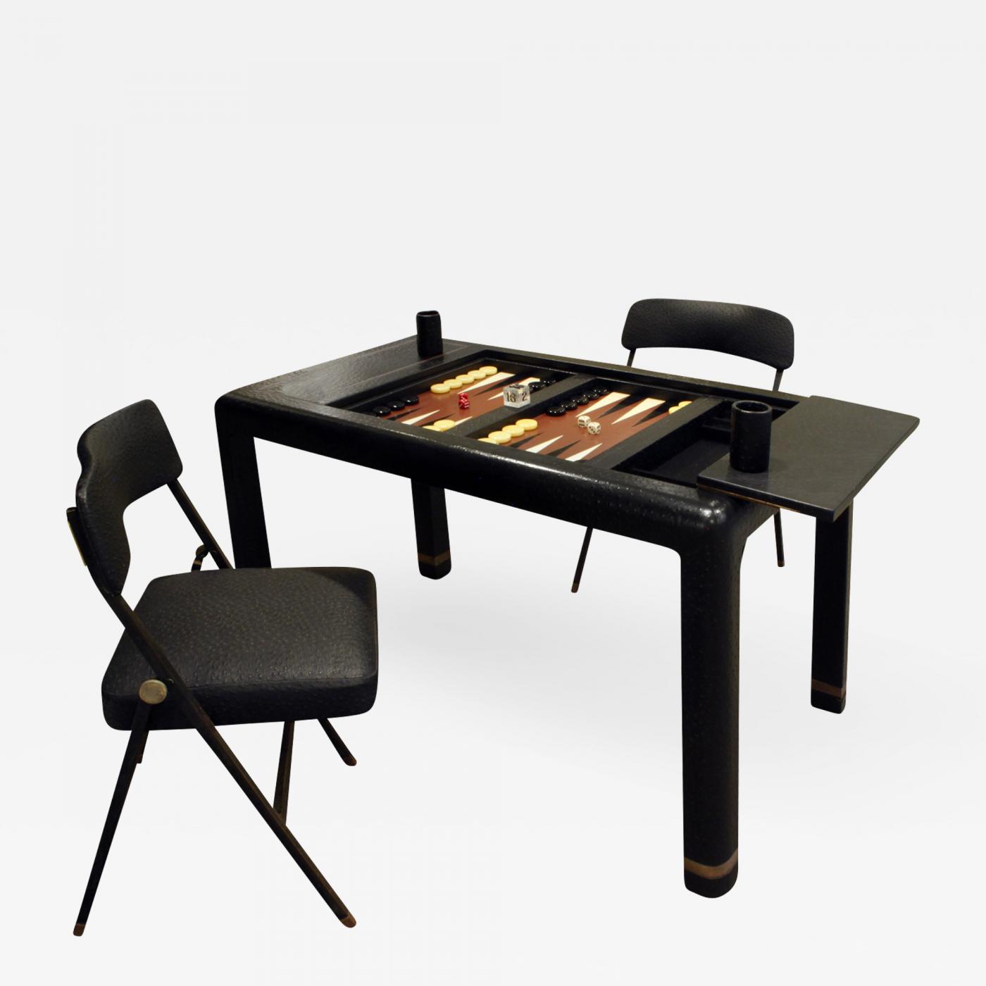 Karl Springer - Karl Springer Backgammon Table with Folding Chairs in  Ostrich 1970s (signed)