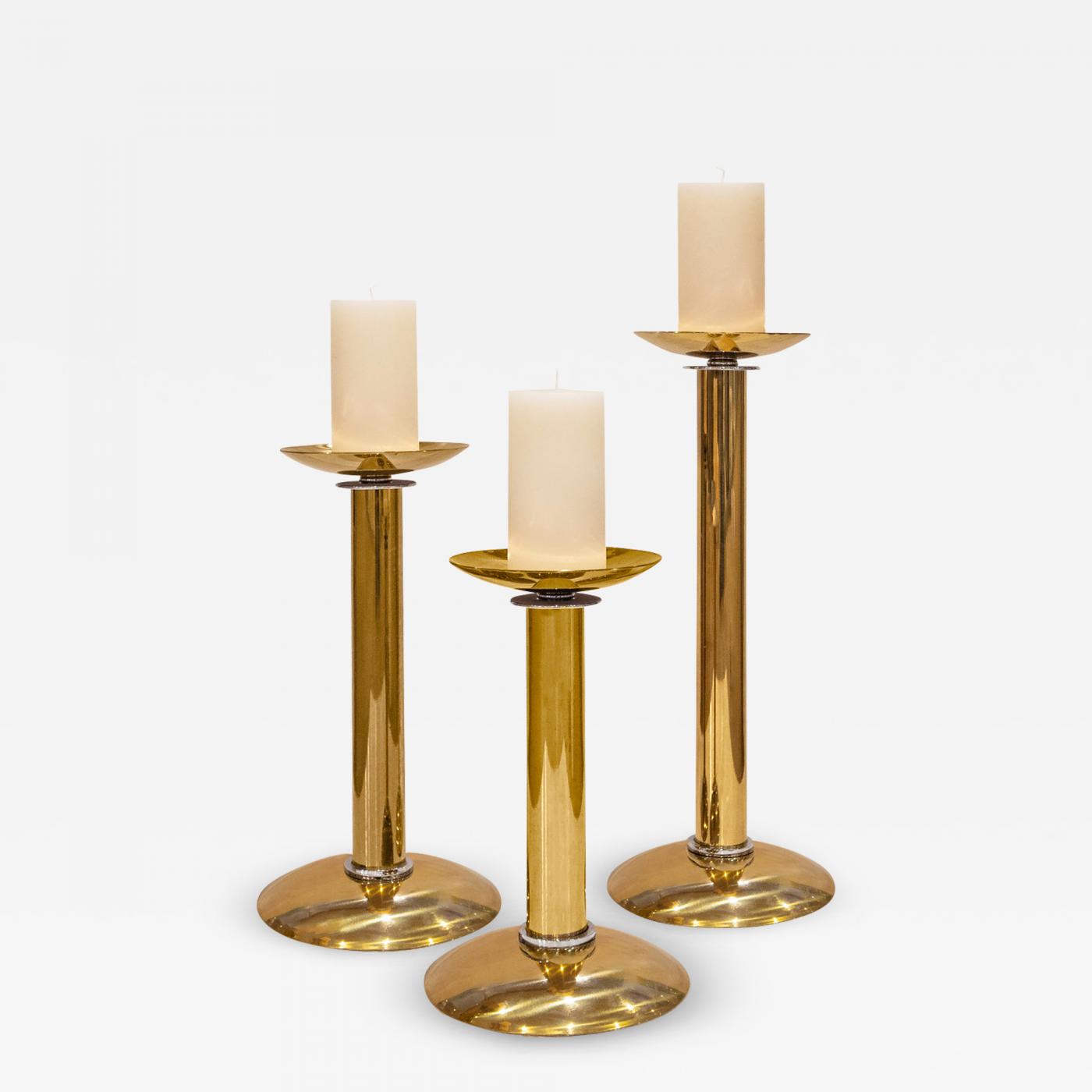 Karl Springer - Karl Springer Set of 3 Candle Holders in Brass with Chrome  Accents 1980s