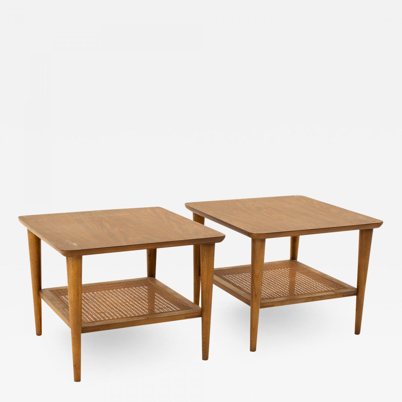 Lane Mid Century Walnut Cane And Formica Side End Tables Pair