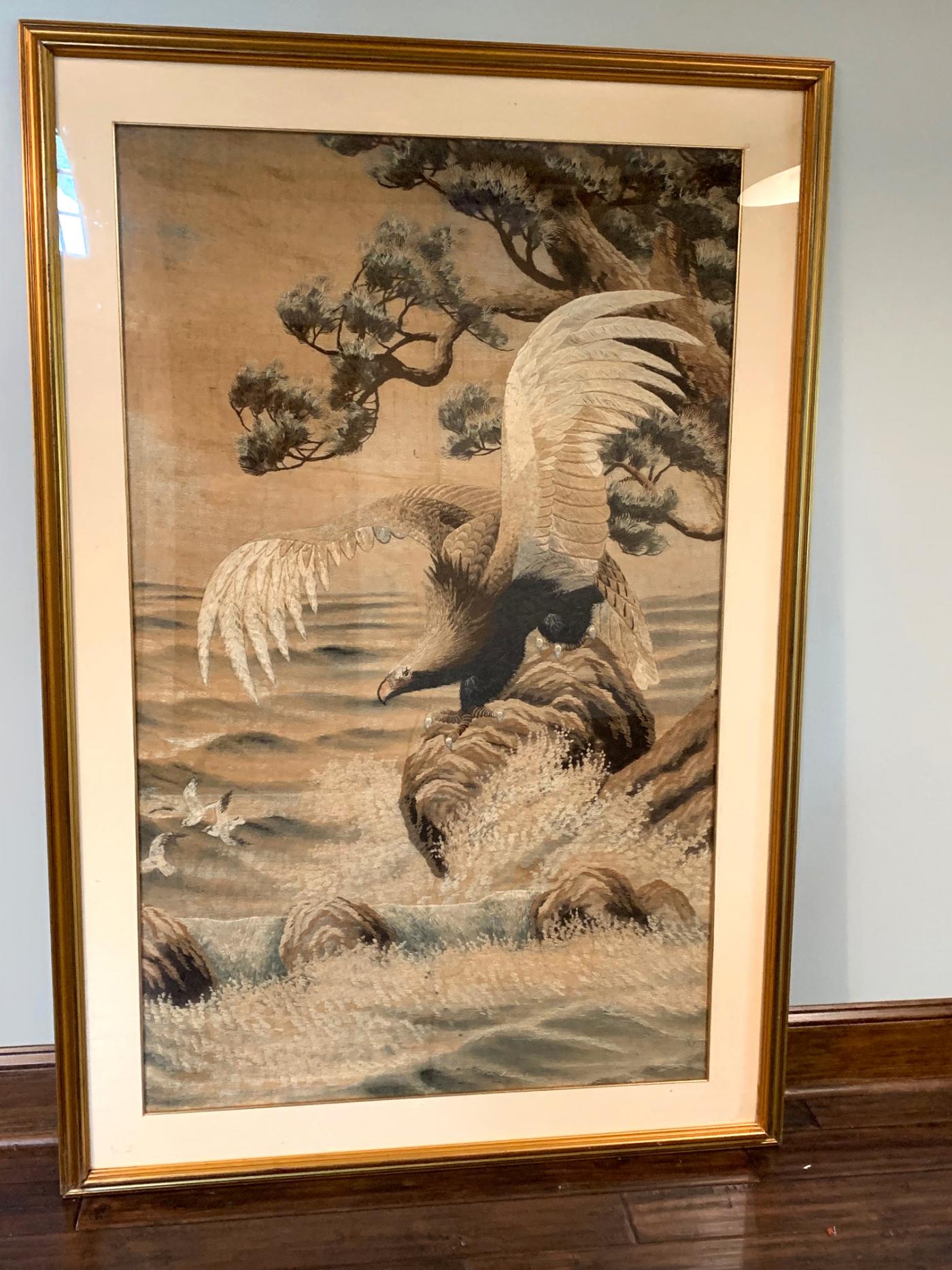 Large Framed Japanese Embroidery Tapestry