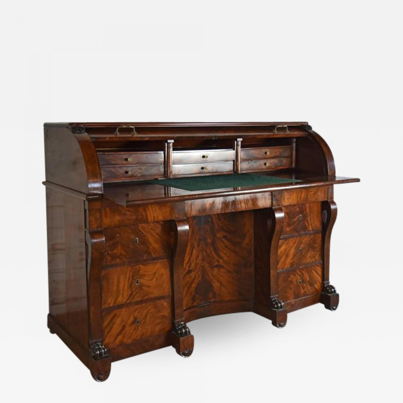 Large French Neoclassical Mahogany Roll Top Desk