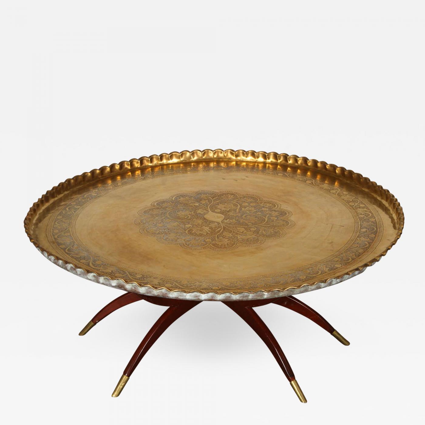 Large Moroccan Round Brass Tray Table On Folding Stand 45 In