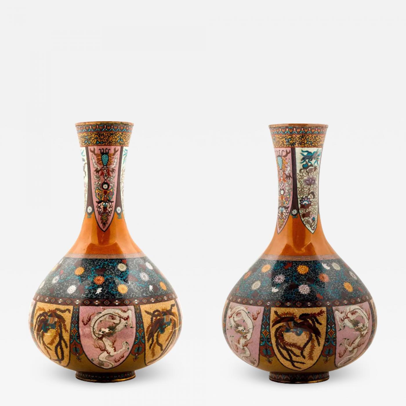 Large Pair of Japanese Cloisonne Enamel Vases Attributed to