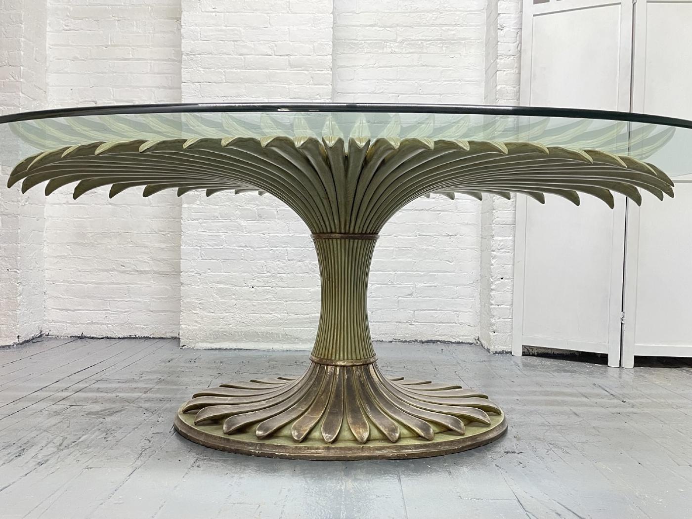 Large Palm Tree Style Oval Glass Top Dining Table