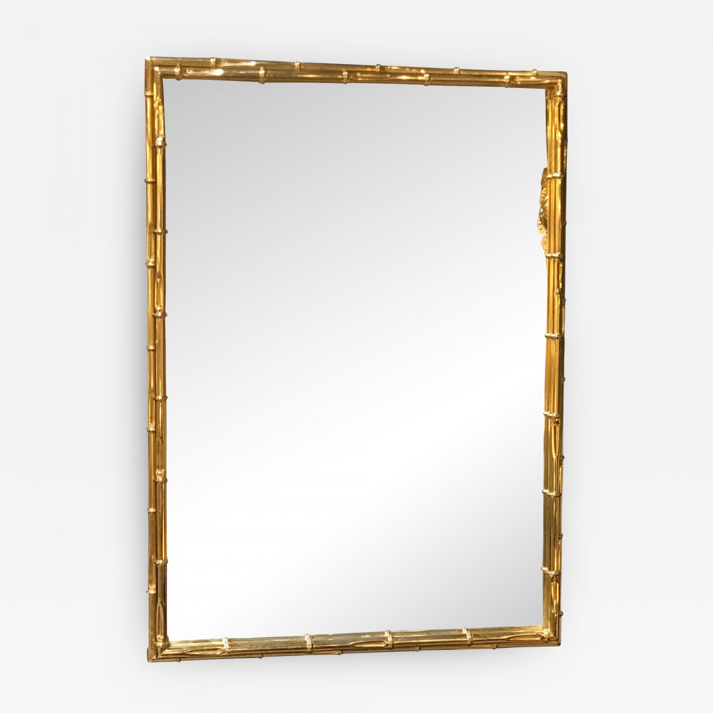 Large Rectangular Faux Bamboo Brass Wall Mirror. Italy, 1960s