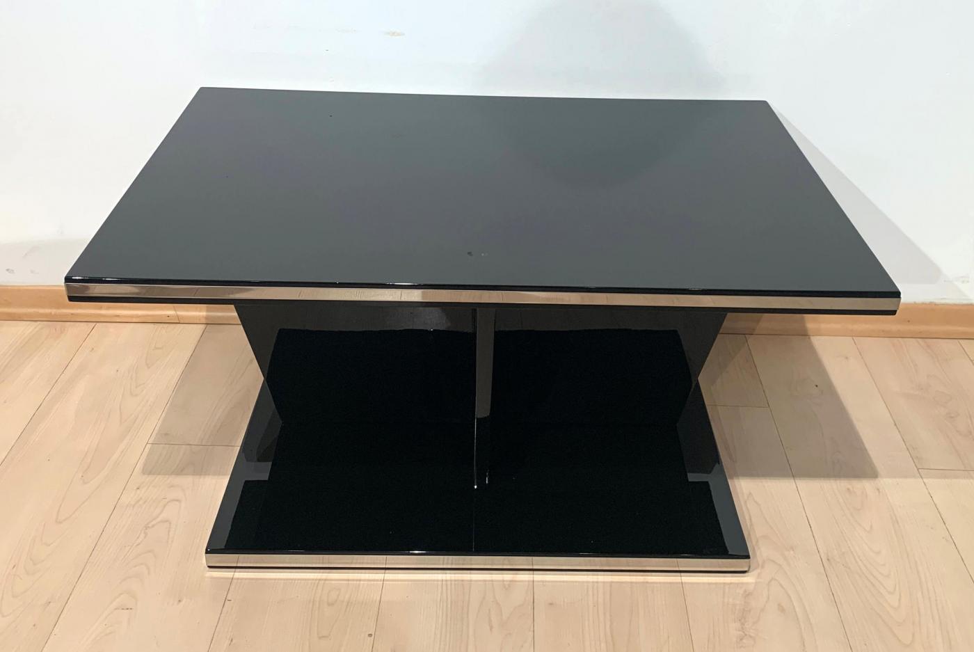 Large Restored Art Deco Sofa Table, Black Lacquer and Metal, France