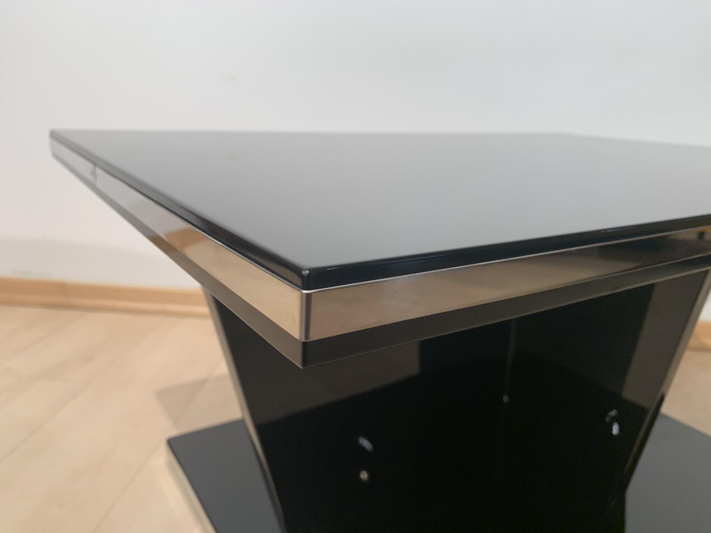 Large Restored Art Deco Sofa Table, Black Lacquer and Metal, France