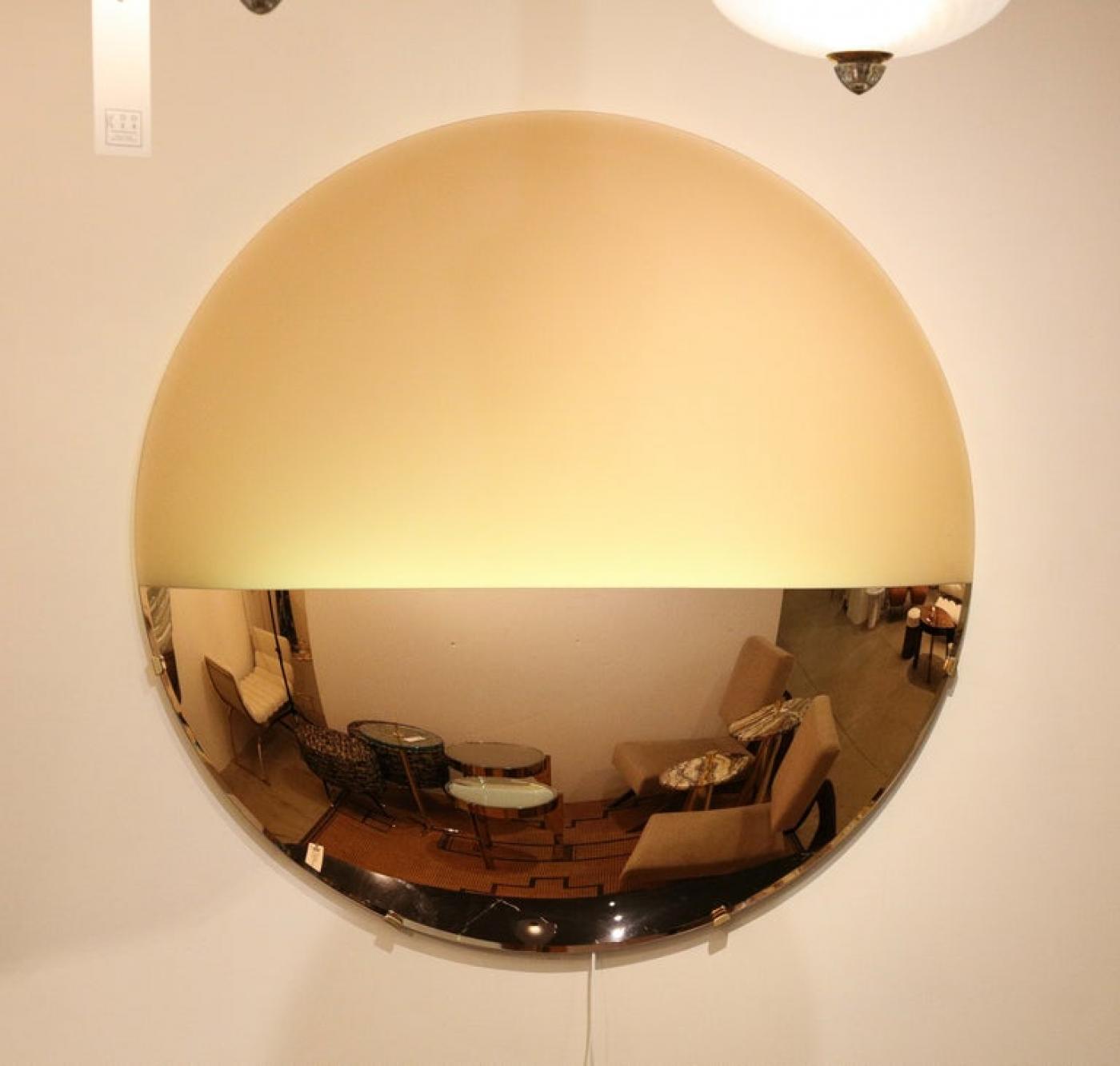 Large Sculptural Round Convex Rose Gold Lighted Mirror or Wall Art, Italy