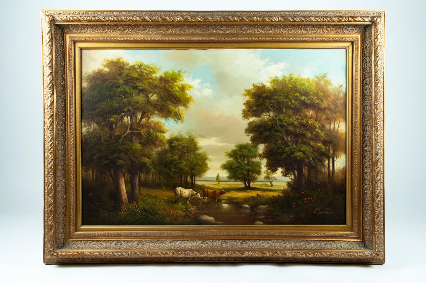 Large Vintage Gilded Wood Framed Pastoral Landscape Oil Painting