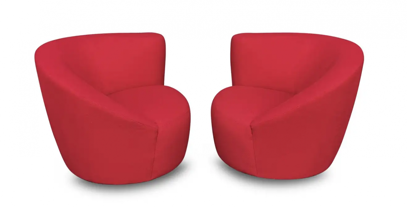 Lazar Pair Scroll Corkscrew Swivel Lounge Chairs & Ottoman Castors Mid