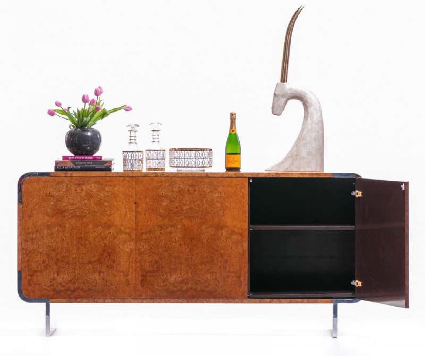 Leon Rosen Pace Burl Wood and Chrome Credenza by Leon Rosen, circa 1974