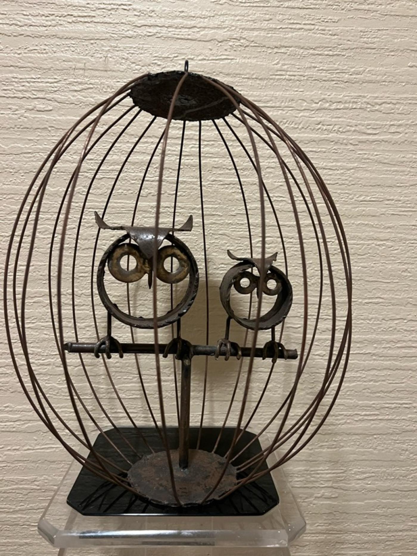 Mixed Metals Brutalist Owls In Cage Sculpture 4754