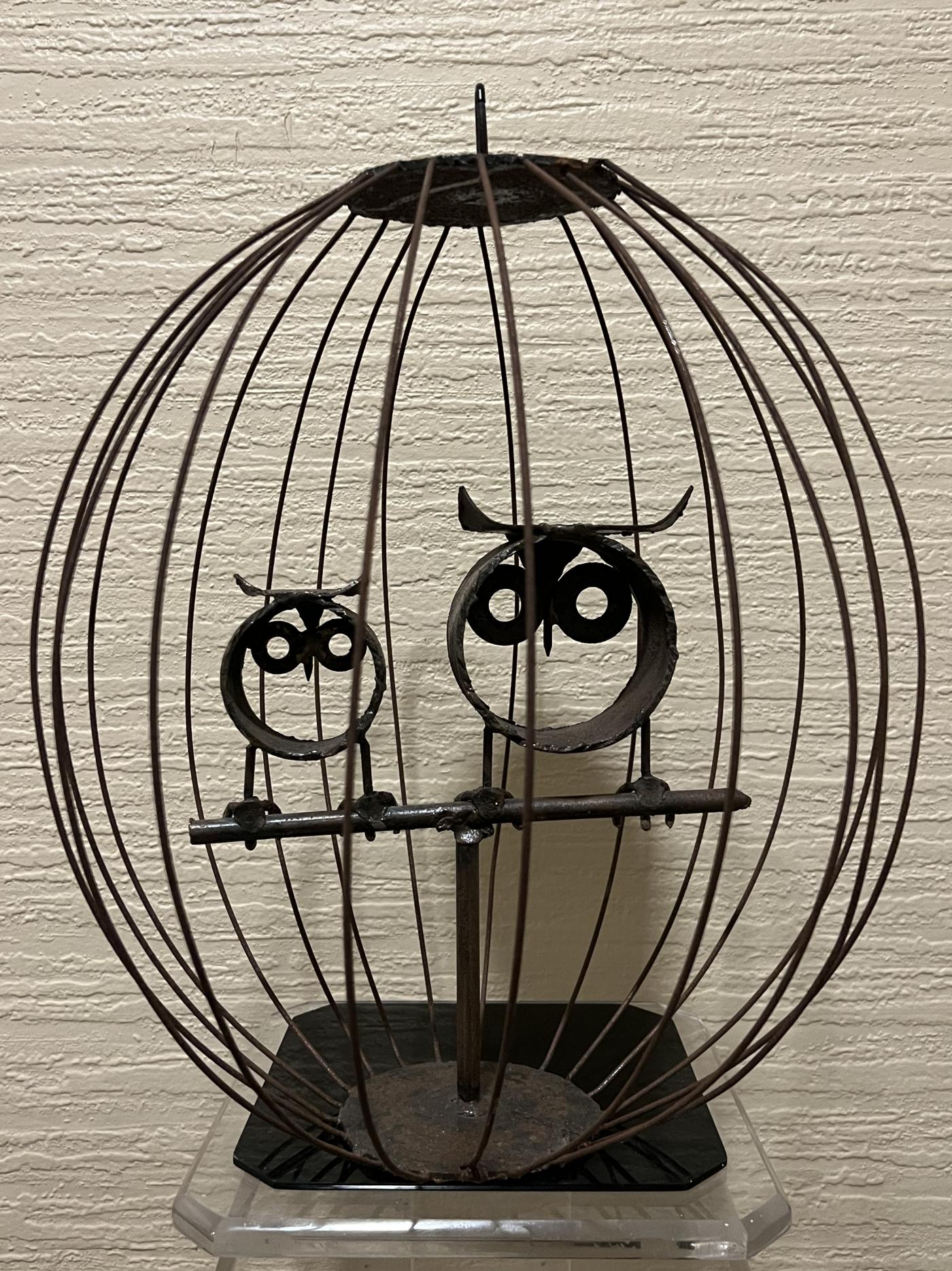 Mixed Metals Brutalist Owls In Cage Sculpture 2818