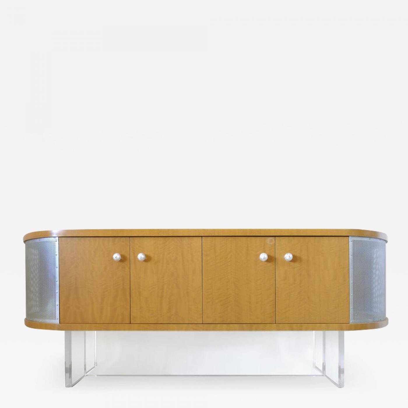 Maple Media Cabinet Credenza With Lucite Base And Glass