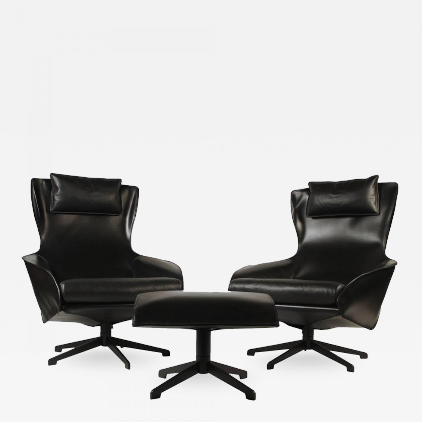 Mario Bellini Pair Of Mario Bellini Model 423 Cab Lounge Chairs With Swivel Ottoman By Cassina