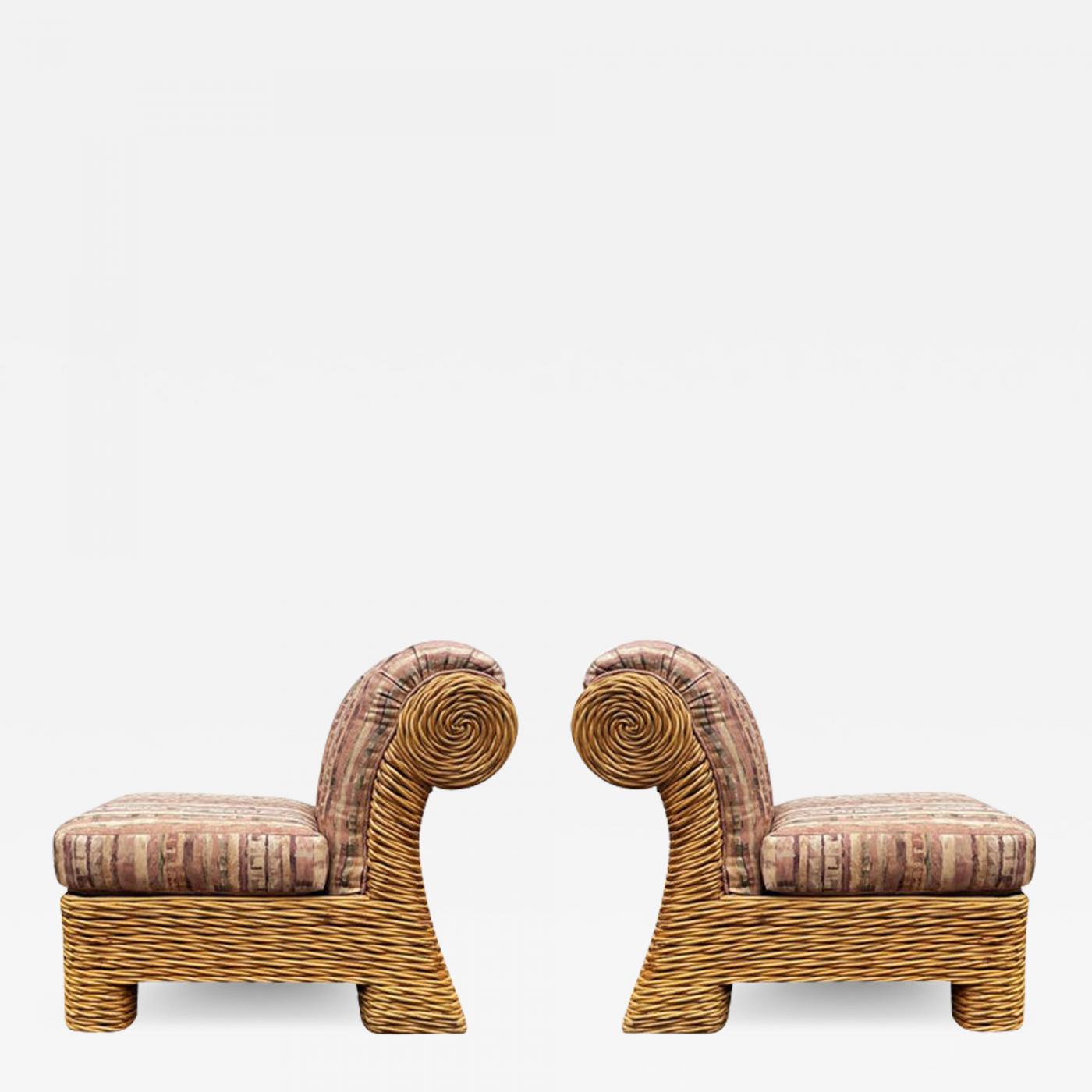 Matching Pair of Mid-Century Modern Slipper Lounge Chair in Rattan & Fabric