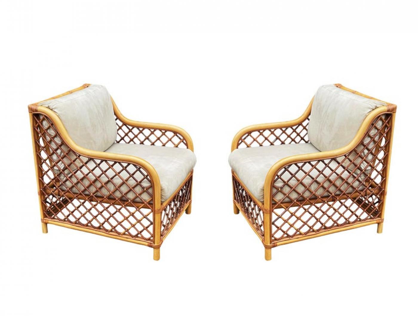 Matching Pair of MidCentury Modern Two Tone Rattan Club Chairs or