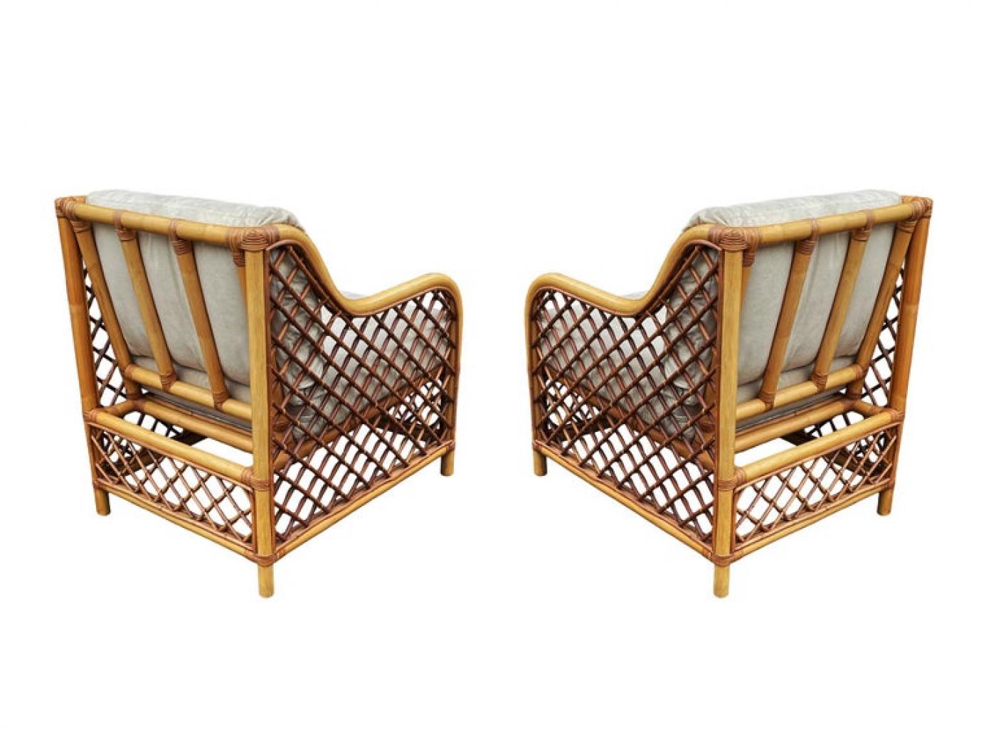 Matching Pair of MidCentury Modern Two Tone Rattan Club Chairs or