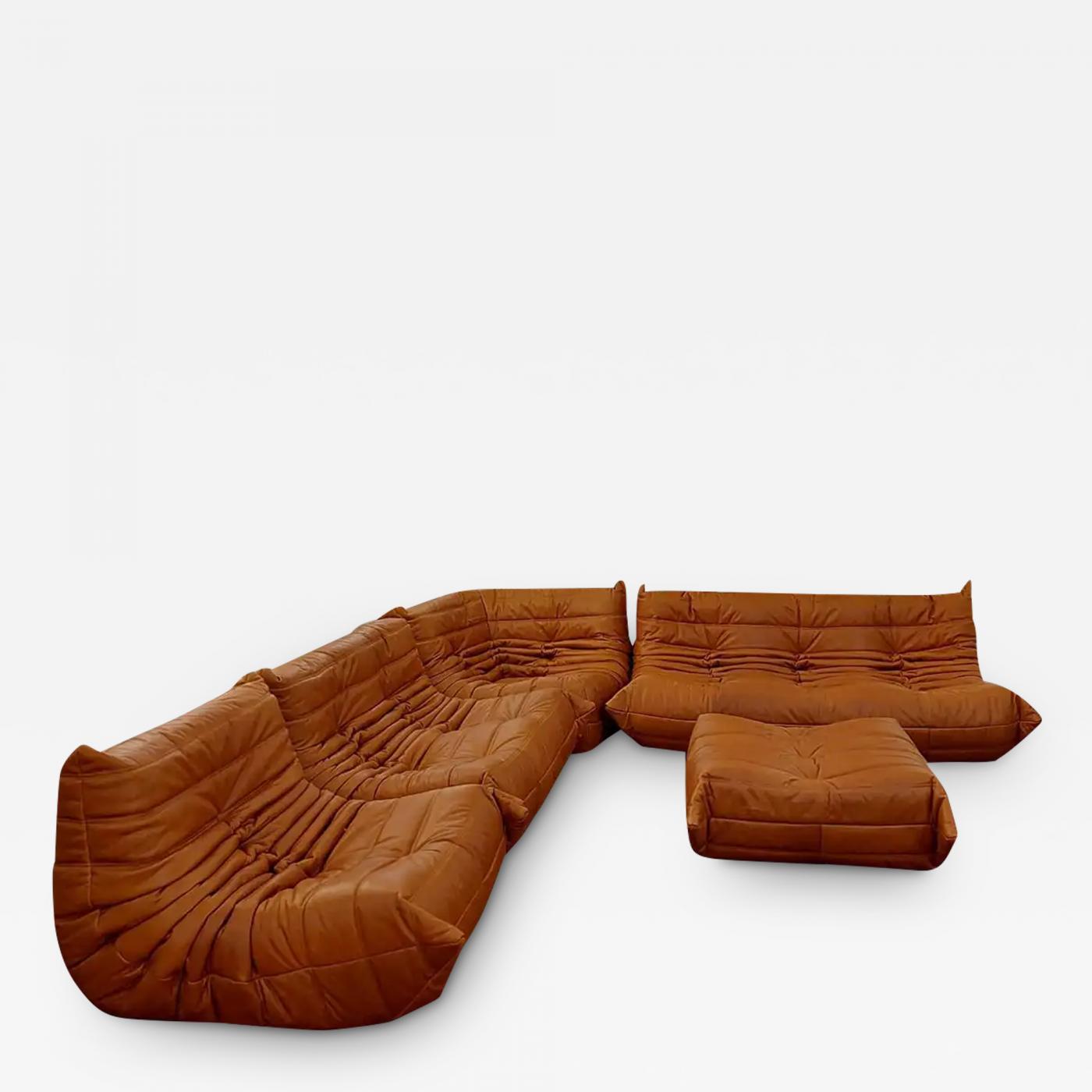 Original brown leather Togo seating group by Michel Ducaroy for Ligne  Roset, 1970s
