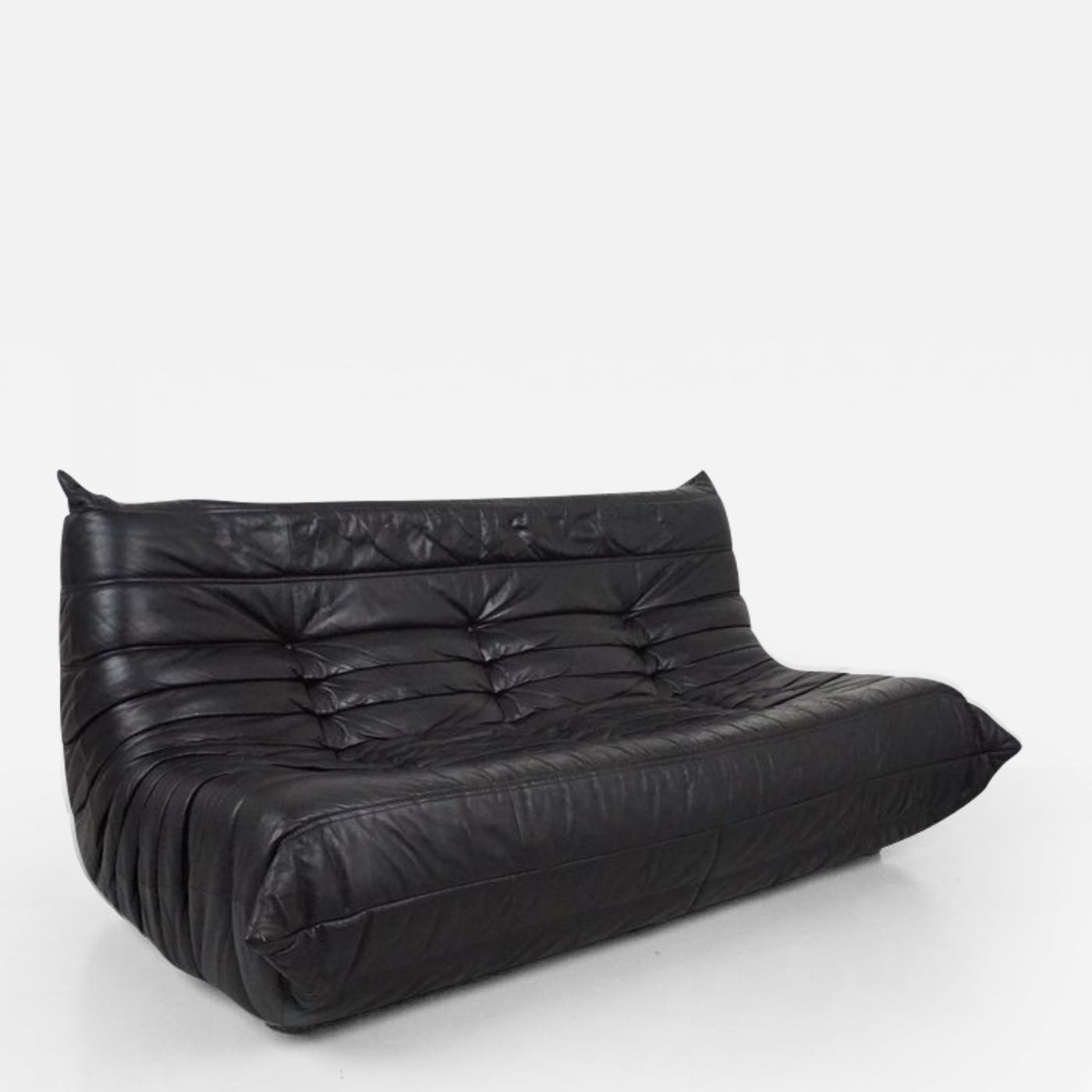 Black Leather 3-Seat Togo Sofa by Michel Ducaroy for Ligne Roset