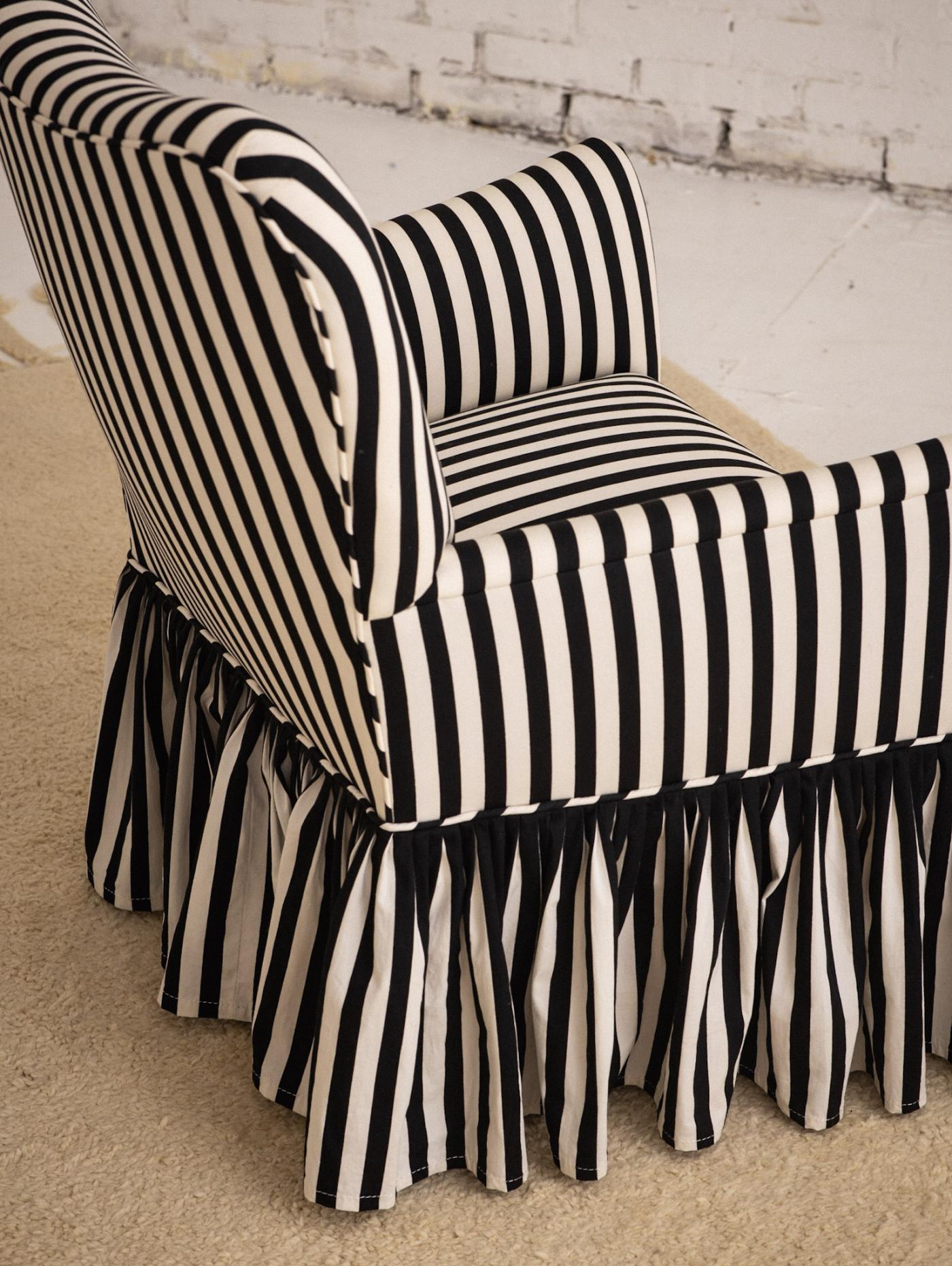 Mid Century Accent Chair in Black and White Stripe With Ruffle Skirt