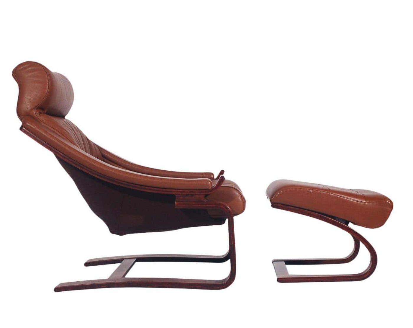 MidCentury Danish Modern Cantilevered Leather Lounge Chair with Foot Stool