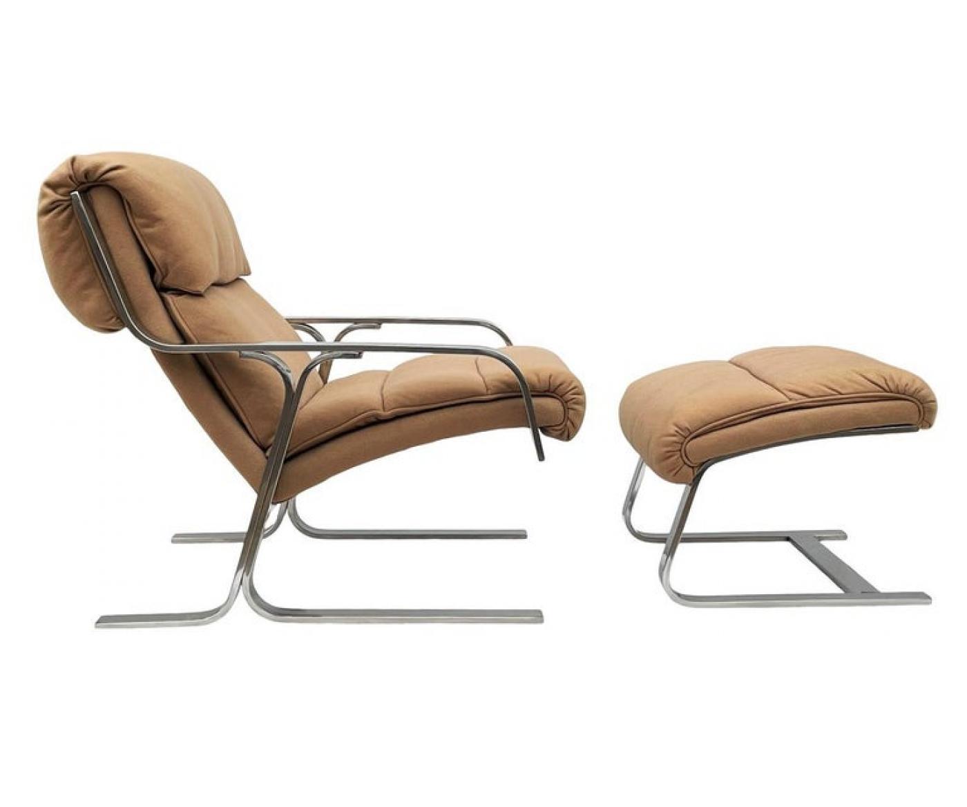 Mid Century Italian Modern Chrome Flat Bar Lounge Chair & Ottoman Set