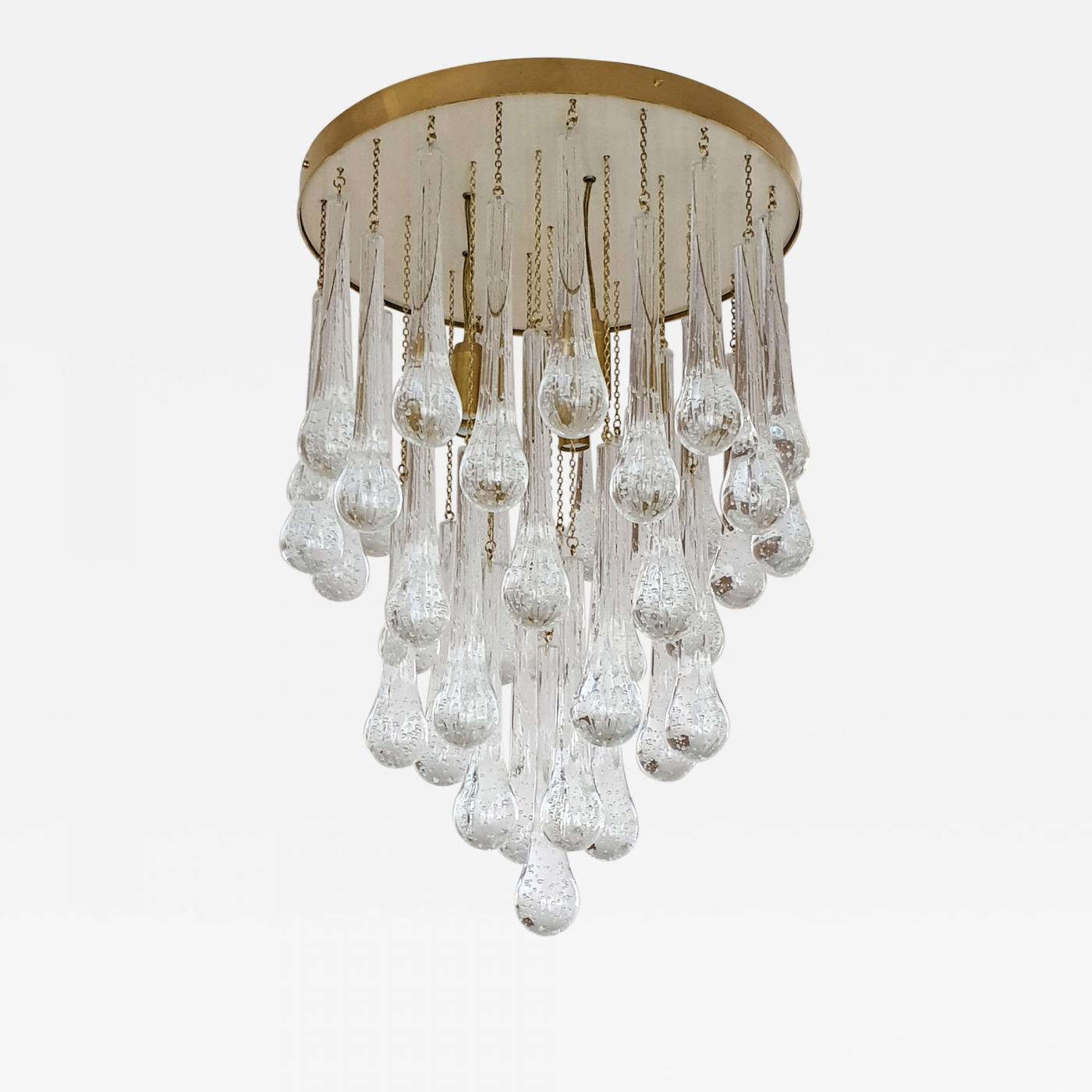 Mid Century Modern Brass And Murano Clear Glass Drops Flush