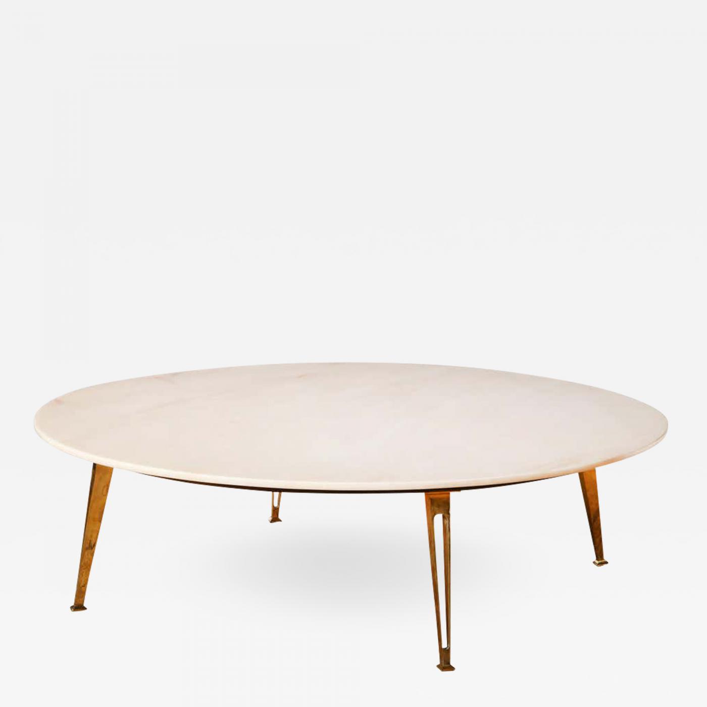 Mid Century Modern Carrara Marble And Brass Round Coffee Table