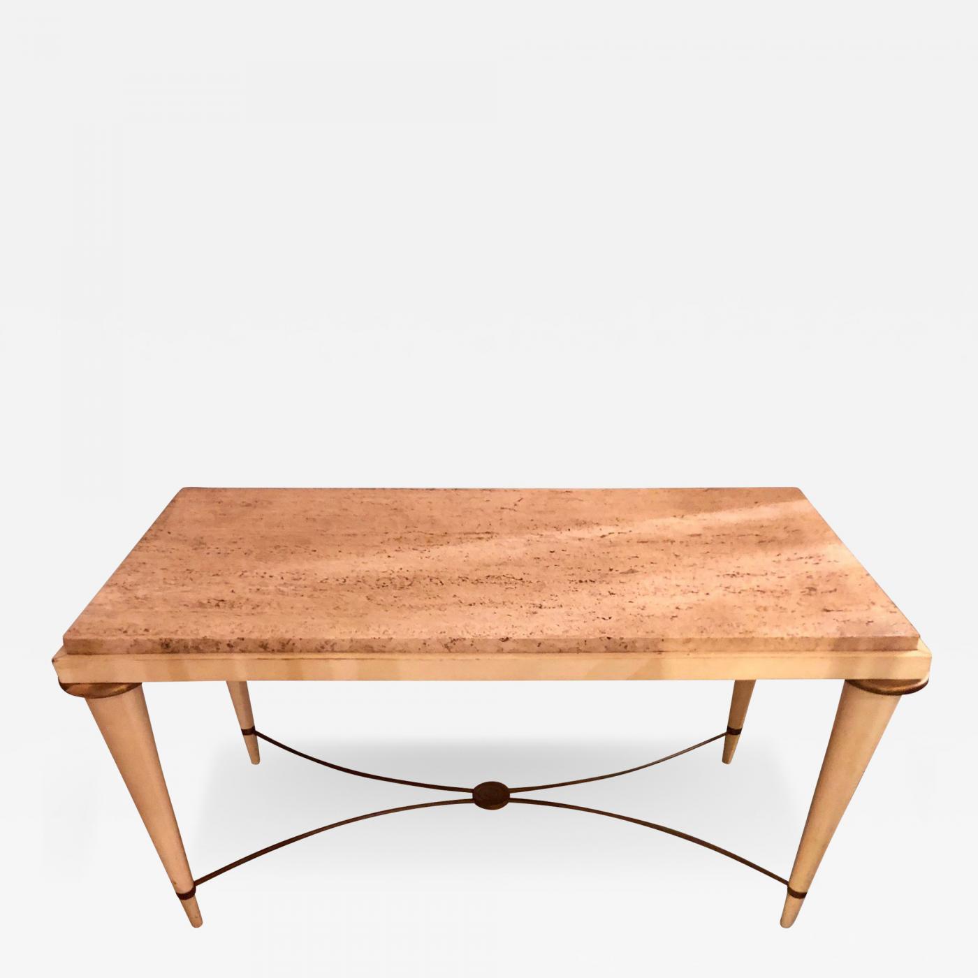 MidCentury Modern Coffee Table Inset Travertine MarbleTop and Brass