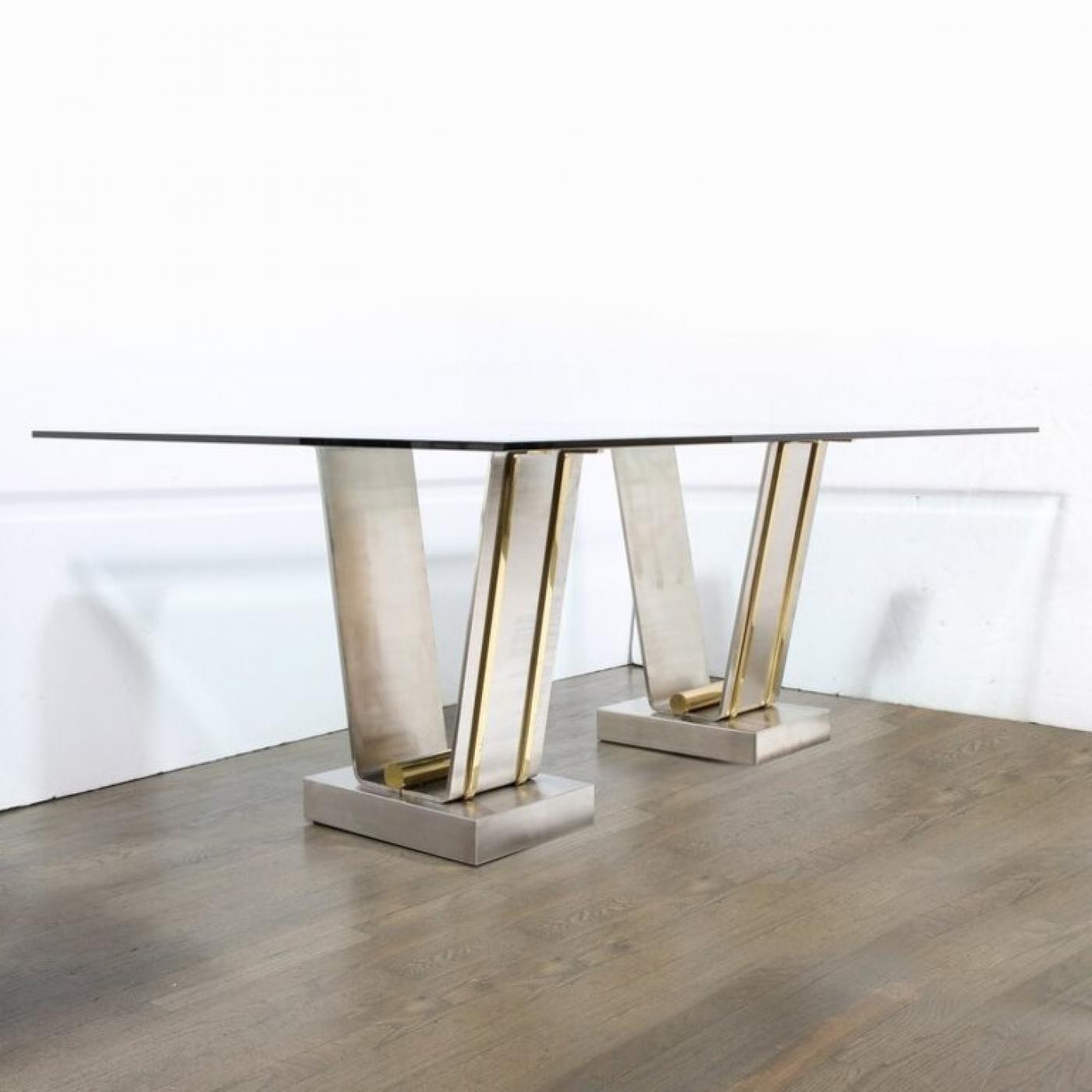 MidCentury Modern Glass Top Table w/ Polished Brass & Brushed Nickel