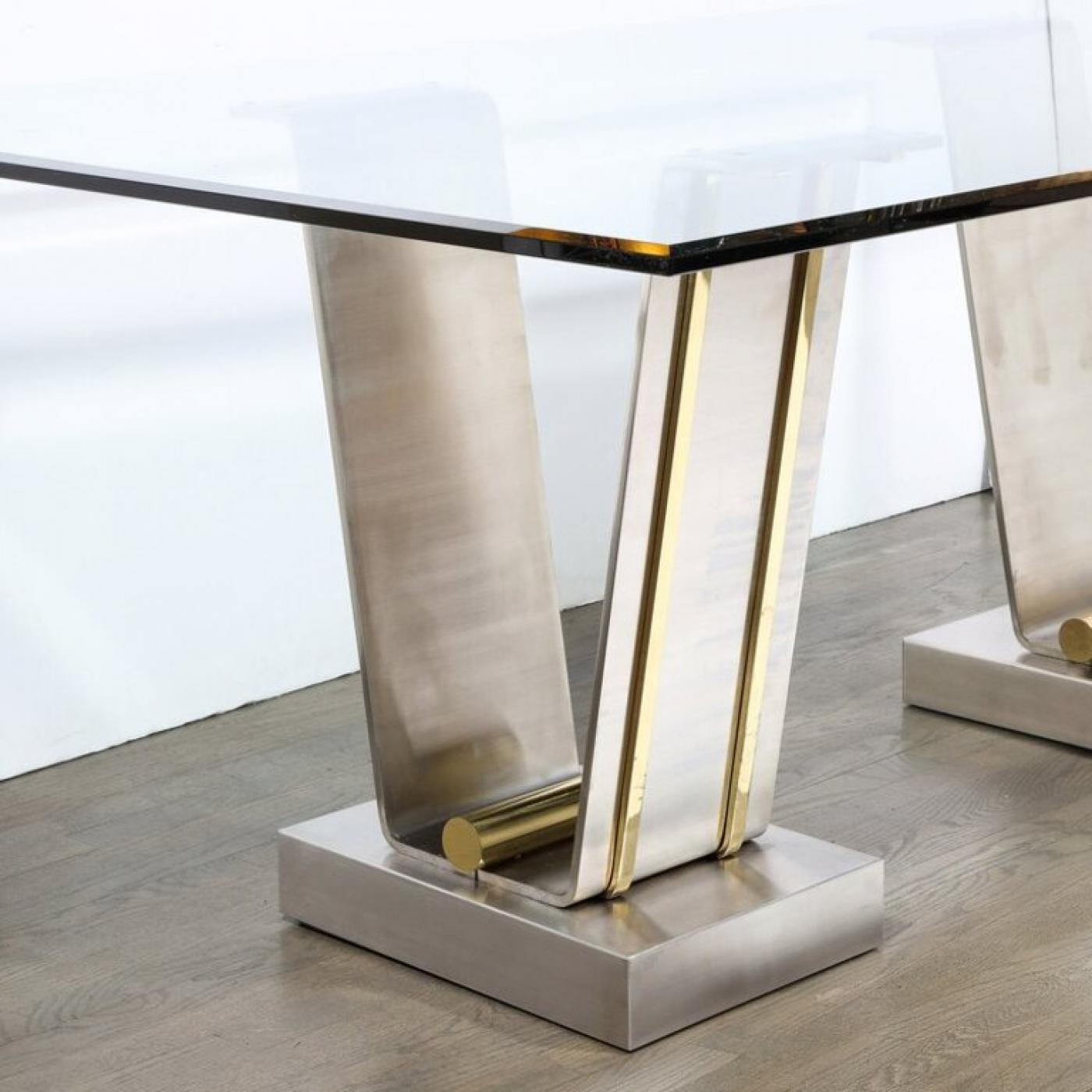 Mid-Century Modern Glass Top Table w/ Polished Brass & Brushed Nickel ...