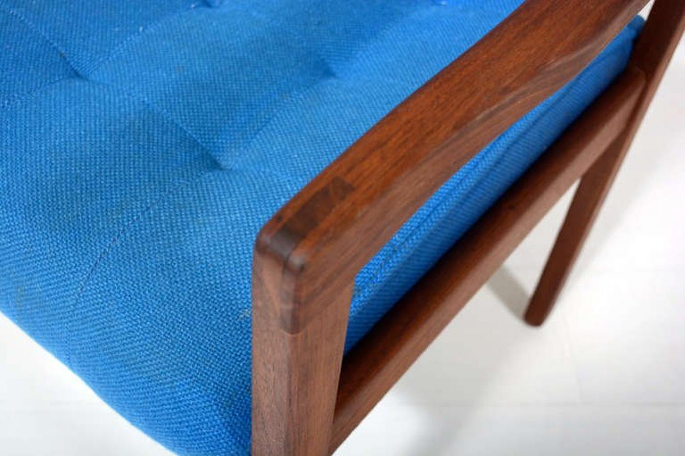 1950s Style Gerald McCabe Side Armchair Sculptural Walnut Wood Blue Tufted
