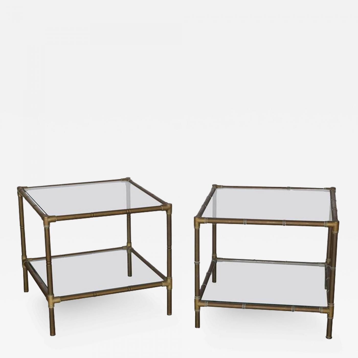 Mid Century Modern Pair Of Faux Bamboo Style Brass Glass Side Tables