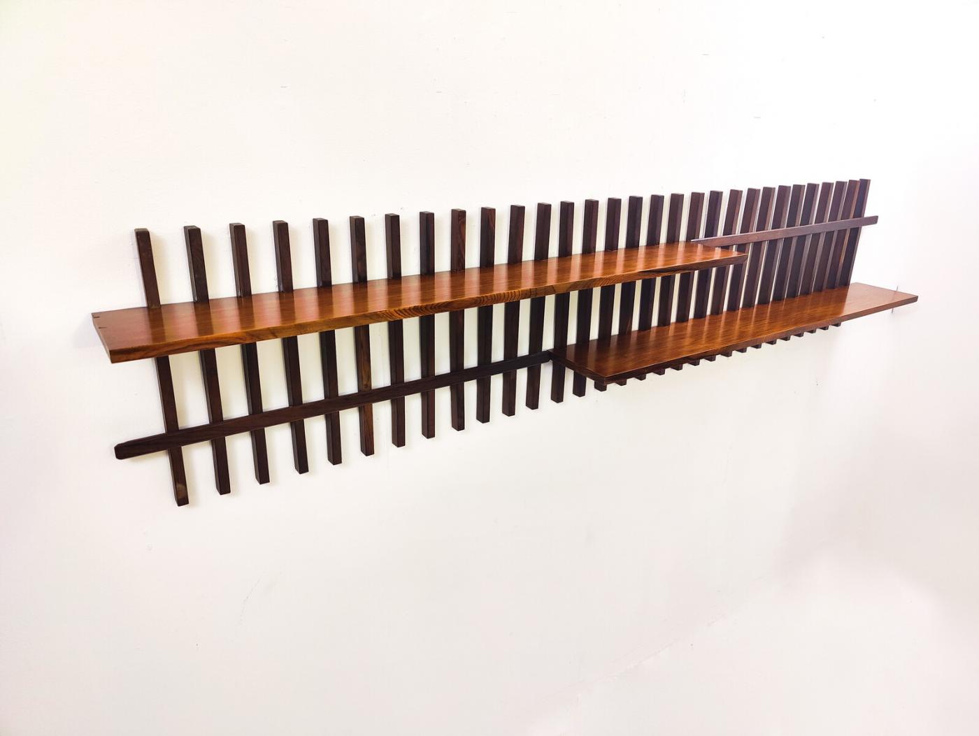 Mid Century Modern Slatted Wooden Suspended Shelf