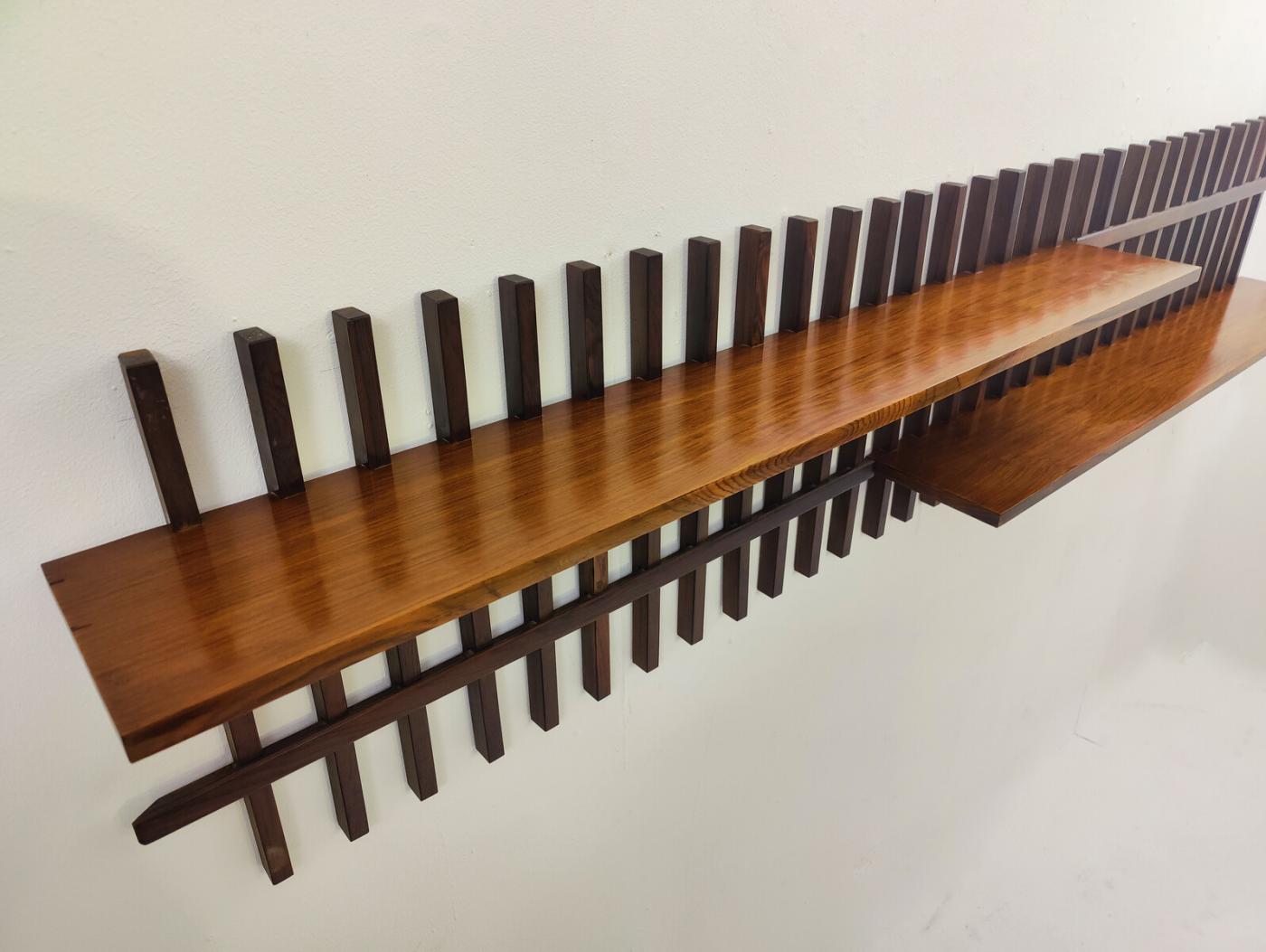 Mid Century Modern Slatted Wooden Suspended Shelf