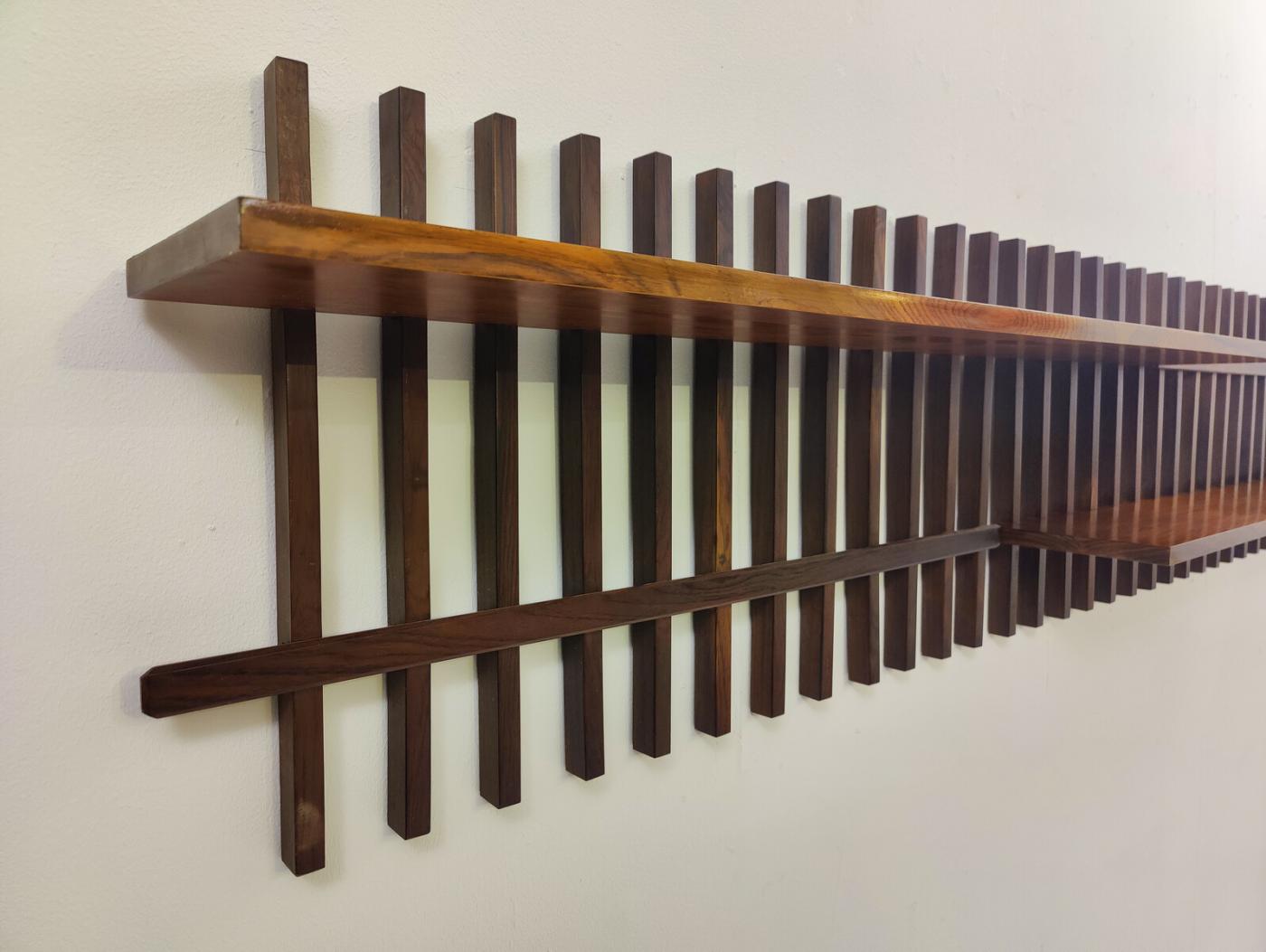 Mid Century Modern Slatted Wooden Suspended Shelf